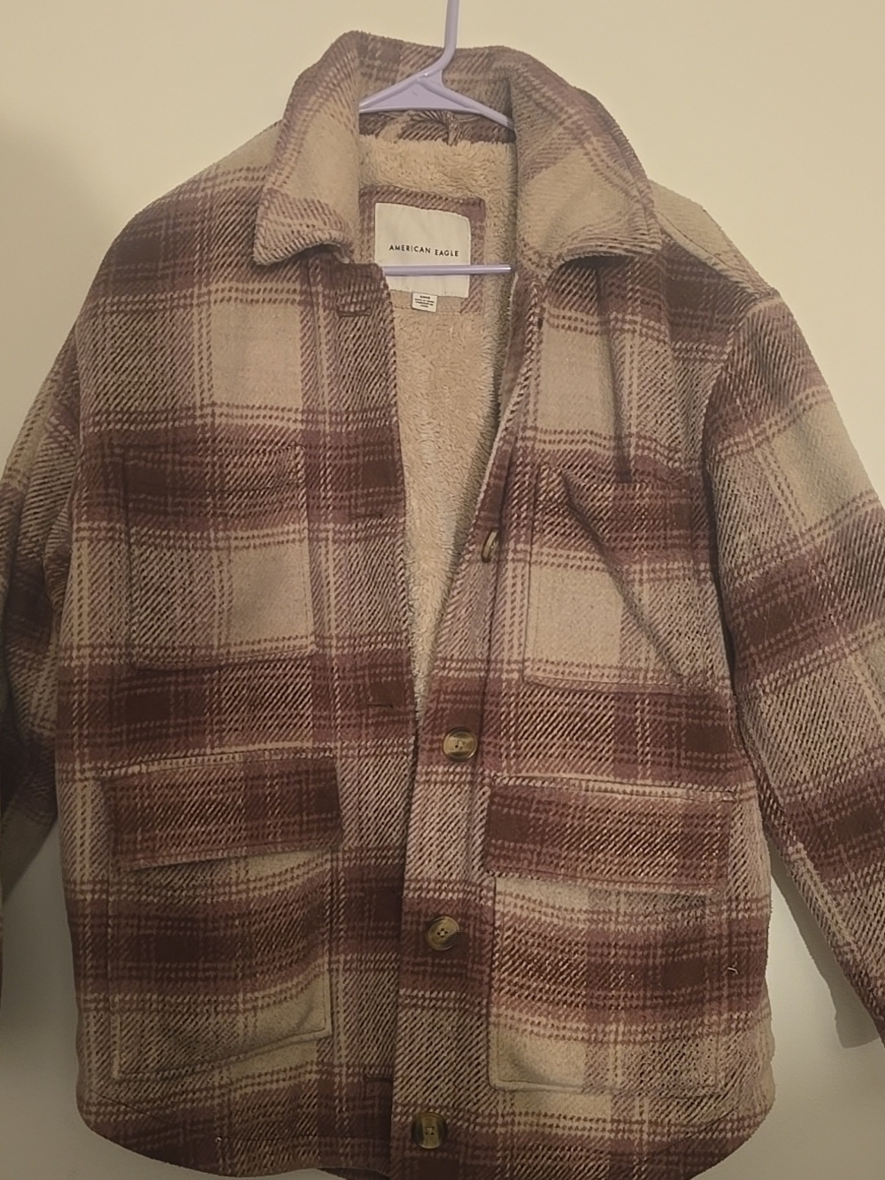 American Eagle Outfitters Brown and Cream Plaid Sherpa-Lined Shirt Jacket